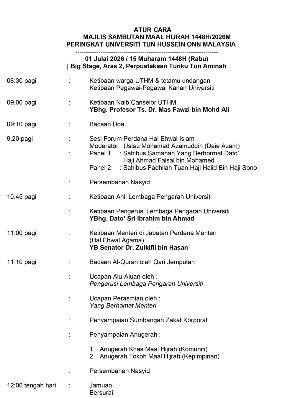 Atur Cara Majlis Sambutan Maal Hijrah 1448H 2026 Peringkat UTHM